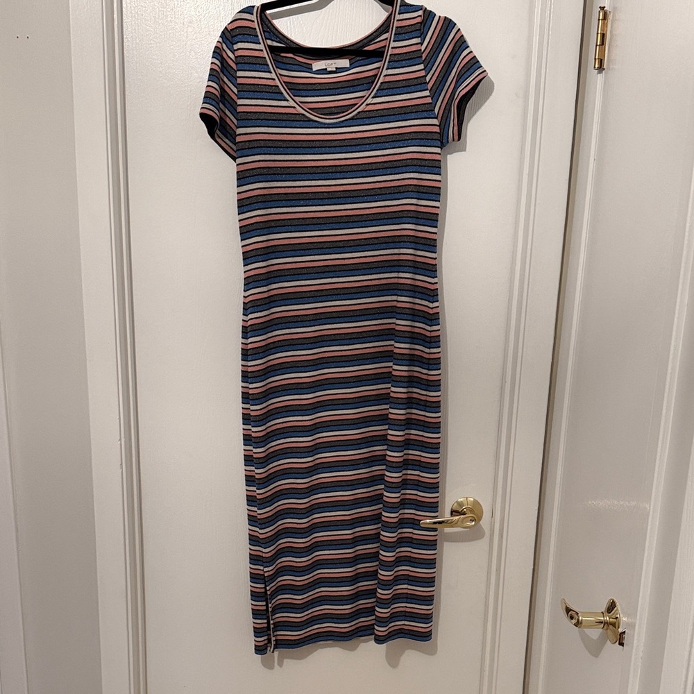 LOFT Blue & Pink Striped Short-Sleeve Midi Dress